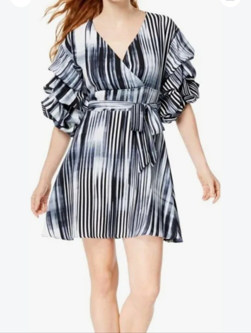 V Neck Ruffle Sleeve Wrap Dressq